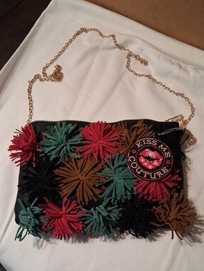 Kiss Me Couture Black Crossbody with Multicolor Pom Accents